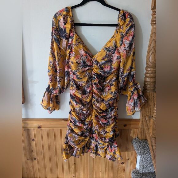 Anthropologie Ranna Gill Ruched Floral Minu Ruffle Yellow Puff Sleeve Size M - Picture 11 of 11